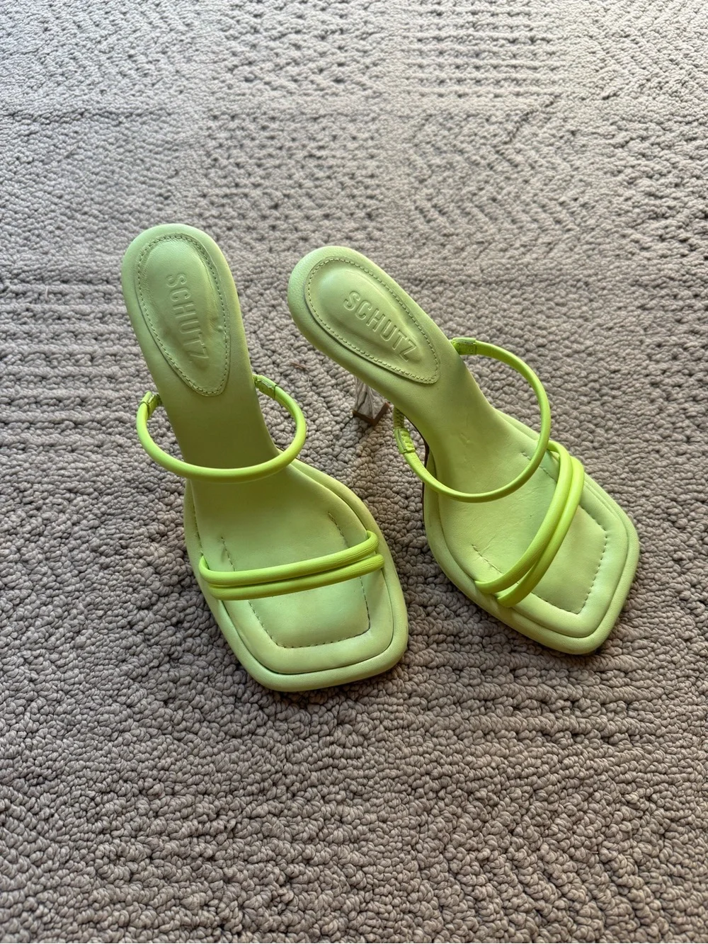 SCHUTZ Neon Lime Minimal Strappy Square-Toe Heels